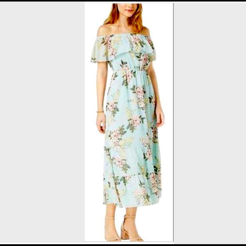 Madison Jules Women’s Light Blue Off Shoulder Floral Print Ruffle Dress Size XS